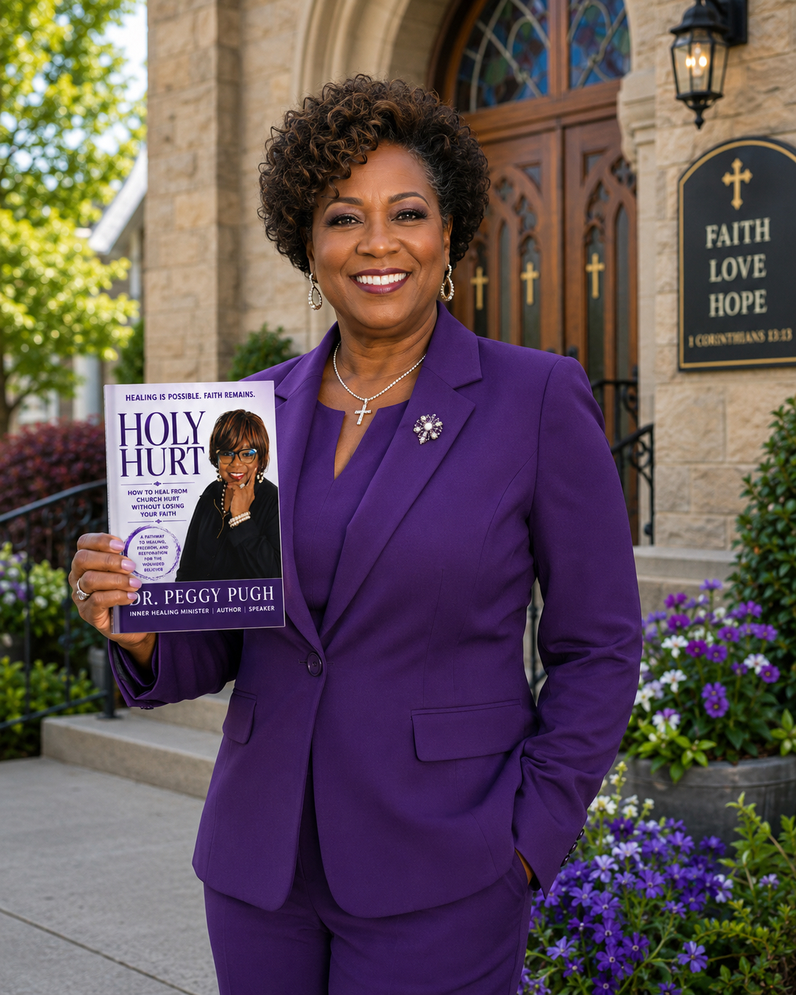 Dr. Peggy Pugh holding Holy Hurt outside a church